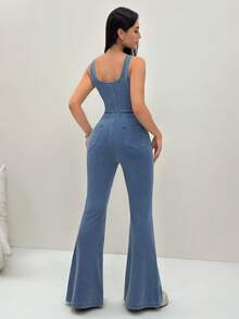 Flexra Women's Sexy Street Style Button Waist Denim Jumpsuit With Flared Legs - Blue - View 8