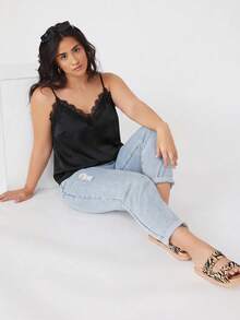 EMERY ROSE Plus Size Summer Elegant Sexy Lace Patchwork Cami Night Birthday Cocktail Black - Black - View 1