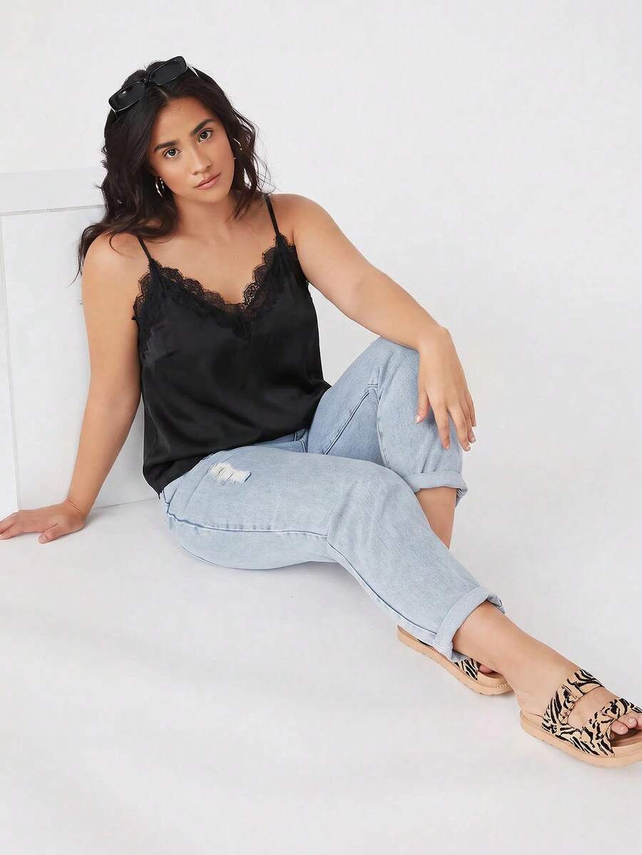 EMERY ROSE Plus Size Summer Elegant Sexy Lace Patchwork Cami Night Birthday Cocktail Black - Black - View 1