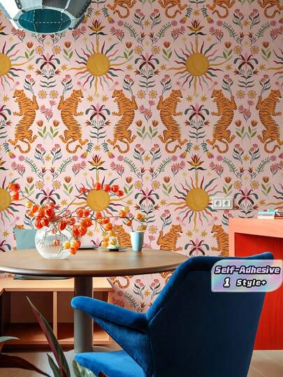 1 Stück wasserdichte abnehmbare Boho-Tapete mit rosa Tiger- und Sonnenblumen-Blumenkunst, selbstklebende Wandverkleidung zum Abziehen und Aufkleben, dekorative Wandverkleidung für Wohnzimmer, Schlafzimmer, Heimrenovierung, Upgrade, DIY-Innendesign, Dekoration, Geschenk, Einweihungsparty