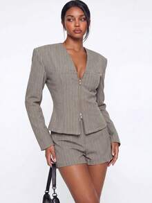 Avantive Women's Striped Zipper Front Jacket And Shorts 2 Pieces Set - Grey - View 2
