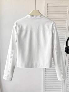 SHEIN Tween女孩休閒街頭風翻領PU皮革短夾克，黑色人造皮革短外套，配金屬前拉鍊，適合秋冬大女孩穿著 - 白色 - 查看 4