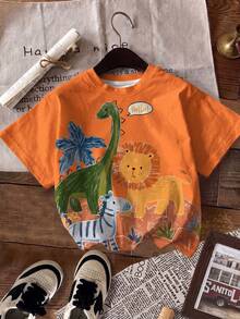 SHEIN LMoss Kids 男嬰休閒簡約卡通獅子印花上衣，適合春夏穿著 - 彩色 - 查看 3