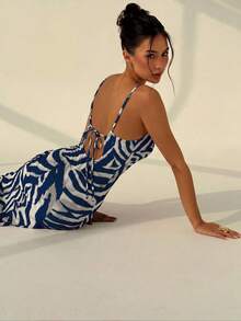 Aloruh Spring/Summer Vacation Spaghetti Strap Tie-Up Fitted Sexy Printed Women's Dress - Navy Blue - View 4