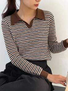 DAZY 秋冬棕色 Polo 衫 黑白拼色條紋 商務休閒 寬鬆街頭通勤長袖女款 T-shirt - 棕色 - 查看 6