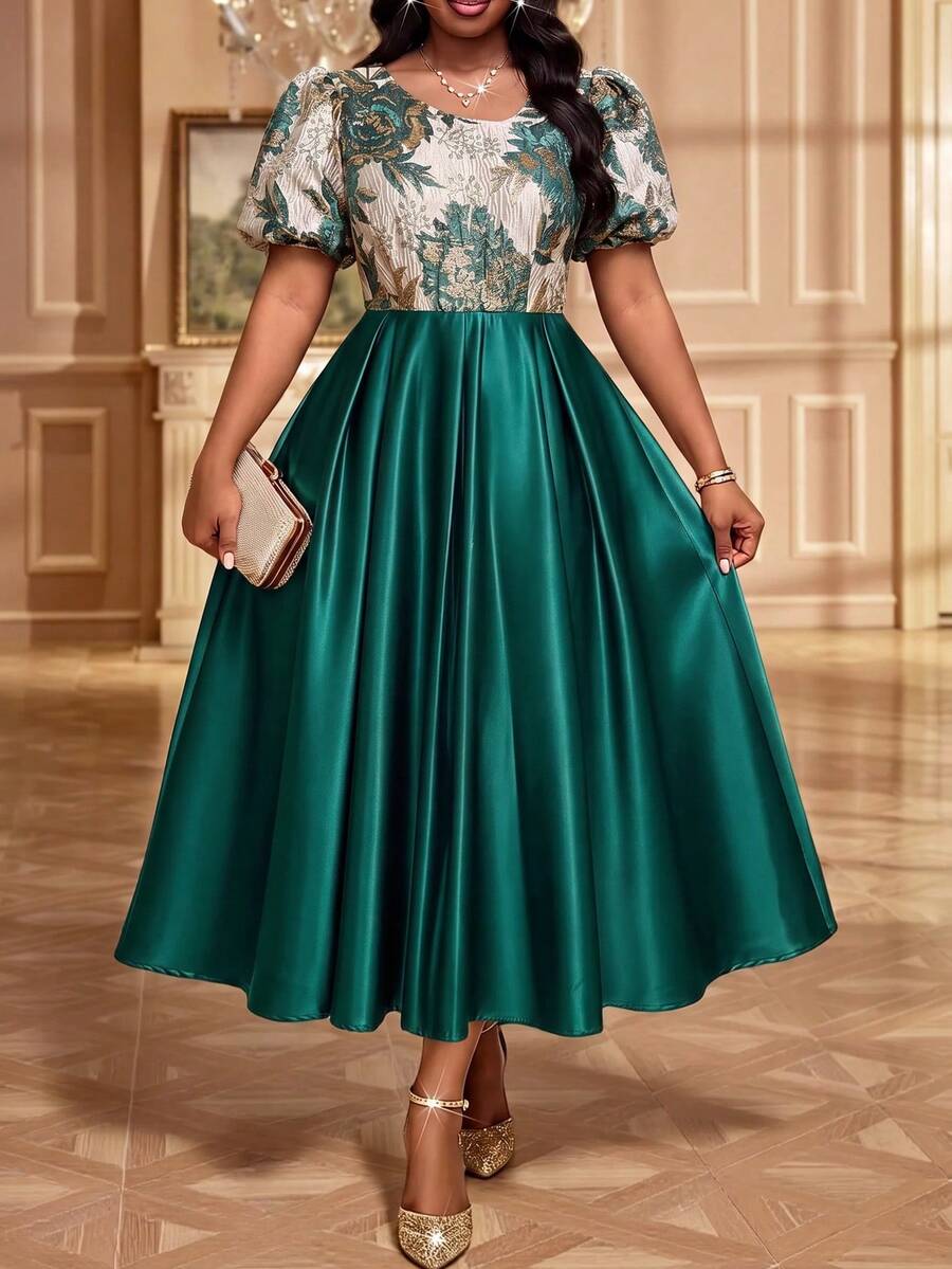 Fleurora Plus Size Elegant Celestial Party Dinner Christening Guest Evening Formal Jacquard Patchwork Dress Teal Summer Wedding - Dark Green - View 1