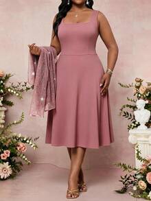SHEIN Lady Plus Size Elegant Party Sequin Top & Dress 2 Pieces Set - Dusty Pink - View 6