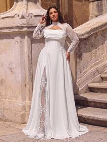 Glamrae Robe de mariée grande taille élégante, glamour et romantique, en tricot extensible blanc avec dentelle contrastante, manches longues, col en dentelle transparente, bordure en dentelle, volants plissés, taille en V et ourlet évasé (robe de mariée à travail lourd) - Blanc - Voir 6