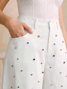 Anewsta Petite Modern Fashion White Curved Leg Trousers With Colorful Rhinestone Craftsmanship For Women - White - View 5