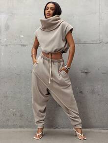 Denimoi Washed High Neck Hooded Multi-Wear Terry Sweatshirt Top Fashion Streetwear Sweatshirt Lounge Wear, Casual Daily, Two Piece Set - Grey - View 2