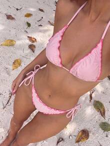 Bonvoyette Y2K Hot Girl Style Contrast Color Ruffle Halter Tie Bikini Two-Piece Swimwear Set For Beach Vacation - Multicolor - View 1