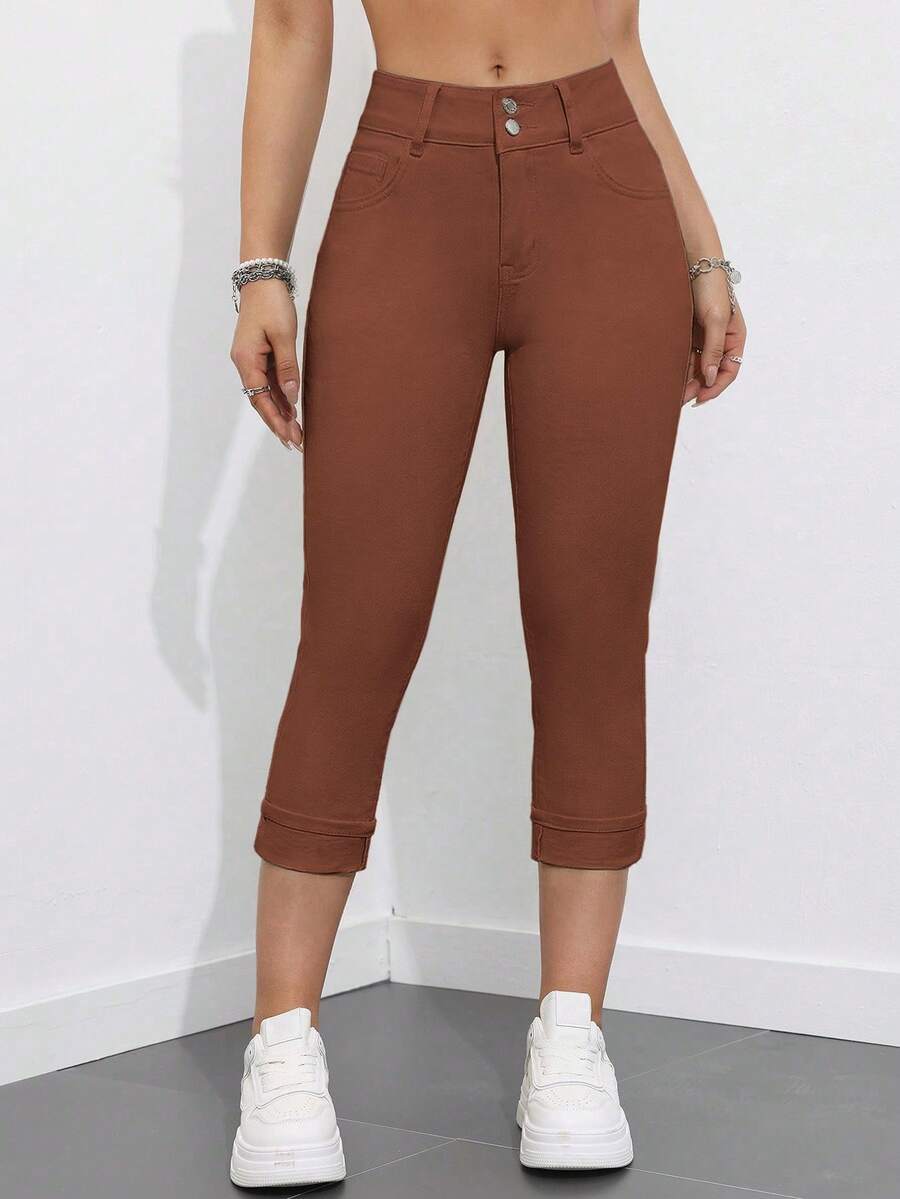 SHEIN Essnce 休閒水洗修身牛仔褲 - 咖啡棕 - 查看 1