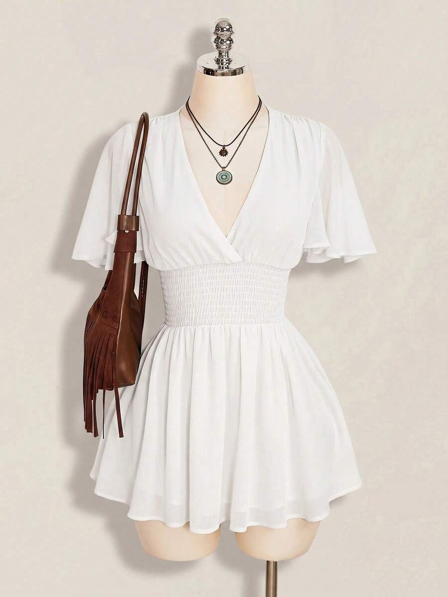 SHEIN ICON 女款夏季黑色極簡純色V領荷葉袖收腰迷你洋裝 - 白色 - 查看 1