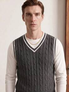 Manfinity CityGents 男士時尚粗繩編織撞色度假背心開襟衫 - 深灰色 - 查看 3