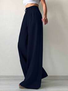 SHEIN Tall Women's Solid Color Wide Leg Suit Pants - Navy Blue - View 4