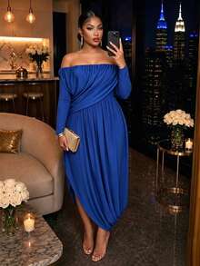 SOLERSUN Große Größen Off-Shoulder einärmliges Satin Abendkleid mit geraffter Taille und asymmetrischem Schlitz, elegantes luxuriöses langes Kleid für Partys - Blau - Übersicht 1