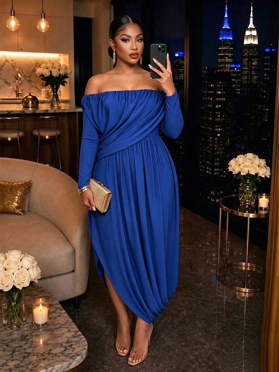 SOLERSUN Große Größen Off-Shoulder einärmliges Satin Abendkleid mit geraffter Taille und asymmetrischem Schlitz, elegantes luxuriöses langes Kleid für Partys - Blau - Übersicht 1