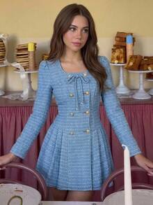 SHEIN MOD Women's Front Tie Button Design Long Sleeve Denim Dress, Elegant, Versatile, Square Neck, Party, Cute, Long Sleeve, Luxury, Mini Dress, Fall, Winter. - Blue - View 4