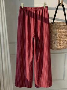 SHEIN EZwear 女款休閒腰部綁帶直筒長褲，適合夏季 - 紅色 - 查看 2