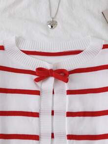 Tween Girl Red Striped Bow Decor Knitted Cardigan - Red - View 3