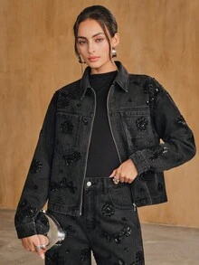 Anewsta Women's New Fashion Glamorous Sparkling Rhinestone Black Jeans Jacket - Black - View 6