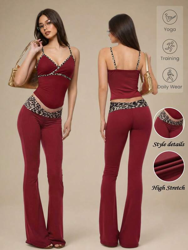 Rina Fox Women's New 2-Piece Set, Summer New 2-Piece Set, Sexy Camisole + Flare Pants Set, Y2K Retro Leopard Print Patchwork Long Pants 2-Piece Set, Sports Casual Burgundy 2-Piece Set, Red 2-Piece Set, Leopard Print Camisole Top + Long Pants Set, Low Waist Flare Pants 2-Piece Set, Suitable For Daily Wear, Home, Outdoor Walking, Sports