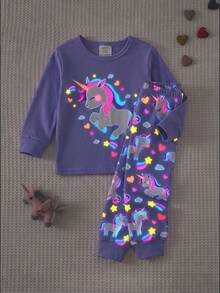 SHEIN 女嬰發光小馬印花修身套頭上衣與彈性印花加厚抓絨長褲套裝，適合冬季 - 紫色 - 查看 8