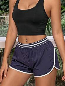 Fluxe Women's Navy Blue High-Waist A-Line Athletic Modest Shorts Striped Waistband White Trim Quick-Dry Hidden Pocket Breathable For Gym Tennis Summer - Navy Blue - View 3