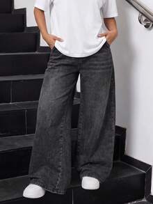 SHEIN Tween Girl Elastic Waist Wide Leg Black Denim Loose Long Pants Y2k Graduation - Black - View 6