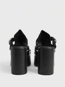Sugerpunk Women's Punk Style Buckle Pattern Bump Nail Slip-On Design Platform Fashion High-Heeled Sandals - Black - View 7