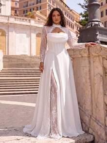 Glamrae Robe de mariée grande taille élégante, glamour et romantique, en tricot extensible blanc avec dentelle contrastante, manches longues, col en dentelle transparente, bordure en dentelle, volants plissés, taille en V et ourlet évasé (robe de mariée à travail lourd) - Blanc - Voir 4