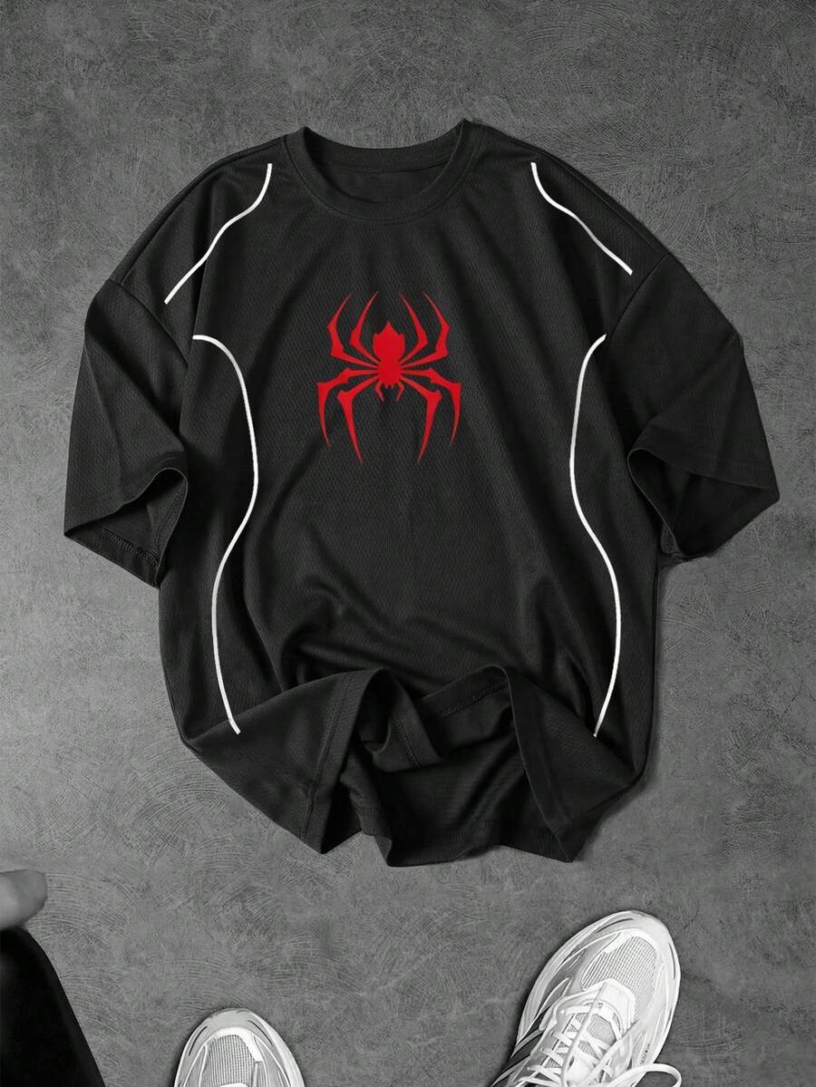 Gym Rark Kaos Olahraga Lengan Pendek Leher Bulat Motif Laba-laba Ukuran Besar Pria - Hitam - View 1