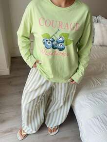 Dazy Plus 2件組印花寬鬆長袖T恤與條紋直筒長款睡褲，熱門綠色睡衣套裝 - 薄荷綠 - 查看 3