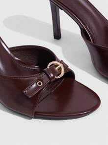 CUCCOO SZL 9CM Women's PU Brown High Heel Sandals, Kitten Heel Round Buckle Comfortable Versatile Daily Commute Vacation Party High Heels - Rust Brown - View 5