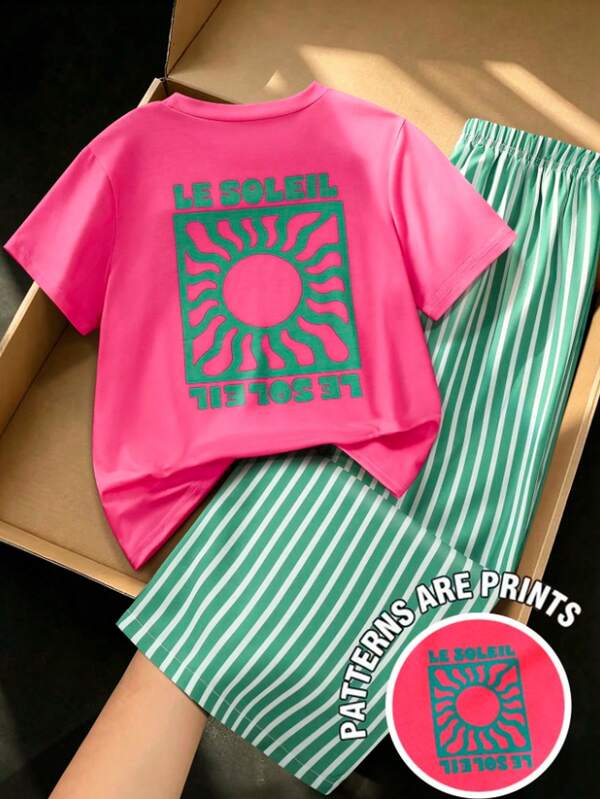 Tween Girls Round Neck Drop Shoulder T-Shirt & Loose Straight Leg Pants 2 Pieces Set