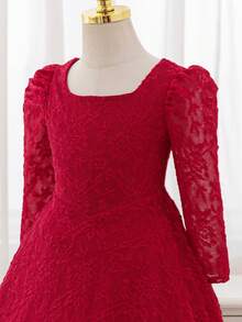 SHEIN Elladie kids 優雅紅色蕾絲公主禮服，甜美方領泡泡長袖A字長裙，適合聖誕新年節日派對 - 紅色 - 查看 6