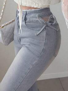 DAZY Women's Sweet Mesh Patchwork Bowknot Lace-Up Button Flared Jeans Fall - Blue - View 9