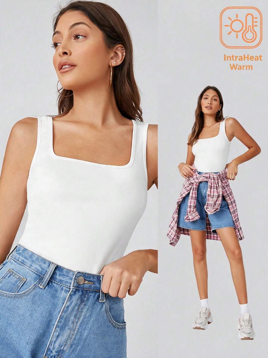 SHEIN BASICS 女款夏季休閒百搭純色背心上衣 日常居家穿搭 純白色 - 白色 - 查看 1