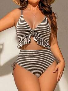 Swim Chiccia 大尺碼女款一件式特殊面料泳衣，深V領，可調節肩帶，可拆卸胸墊，胸下荷葉邊飾，側邊抽繩，時尚性感休閒度假海灘泳裝 - 彩色 - 查看 1
