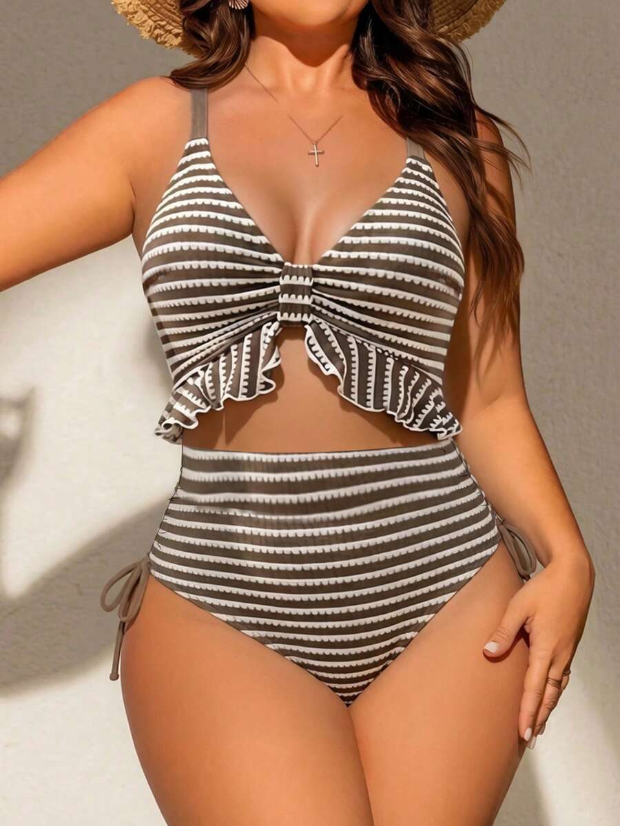 Swim Chiccia 大尺碼女款一件式特殊面料泳衣,深V領,可調節肩帶,可拆卸胸墊,胸下荷葉邊飾,側邊抽繩,時尚性感休閒度假海灘泳裝 - 彩色 - 查看 1