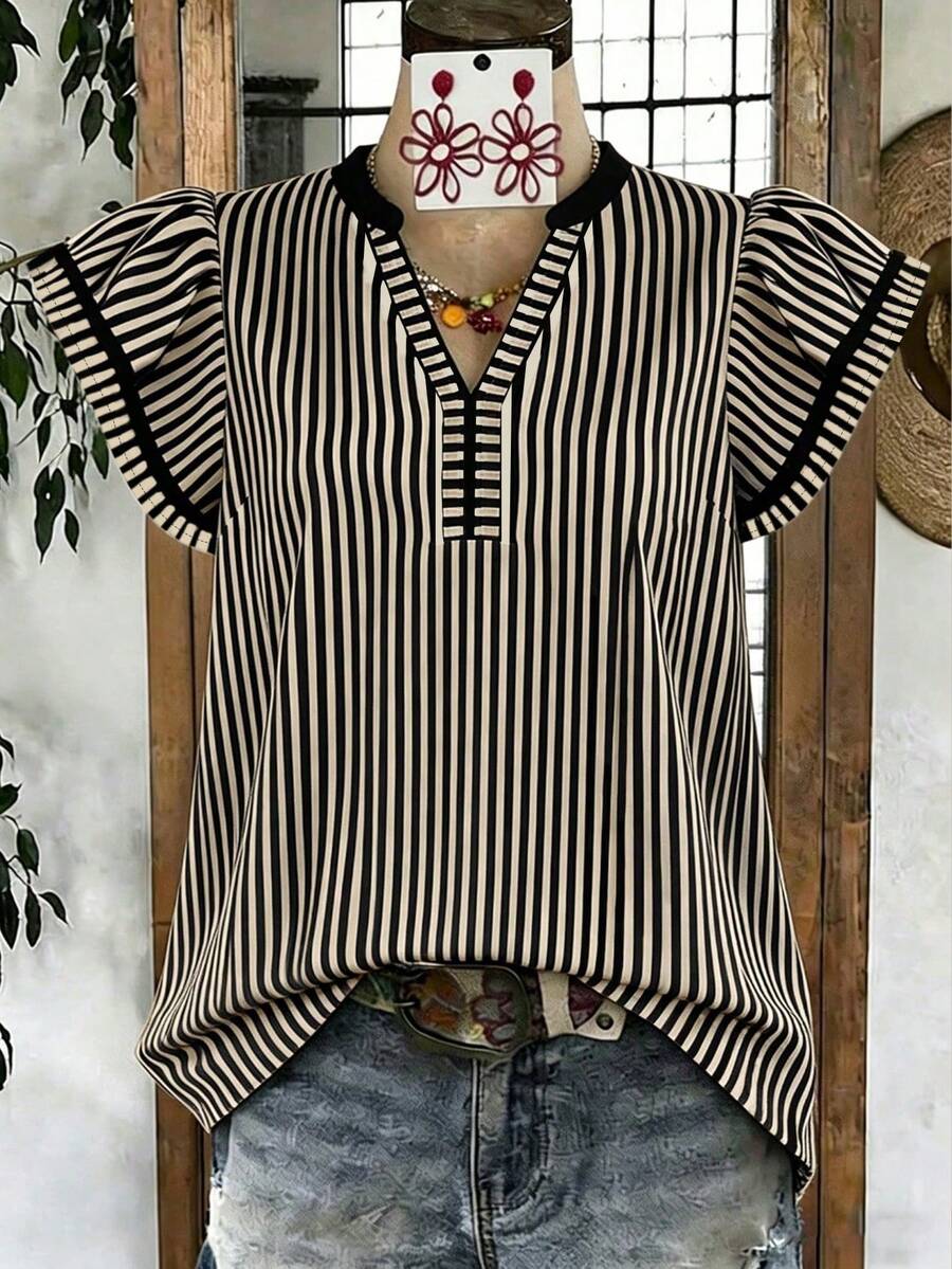 EMERY ROSE Women's Casual Striped V-Neck Top, White And Brown Color-Blocked Bohemian Vacation Shirt For Summer - Multicolor - View 1