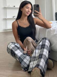 少女蕾丝拼接吊带背心和格子阔腿裤休闲家居服套装 - 黑色 - 查看 4