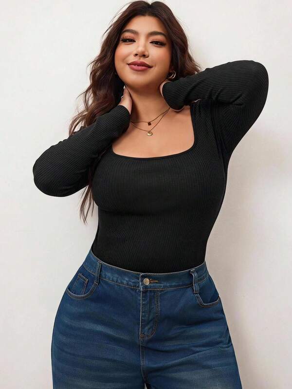 Enliva Plus Size Women's High Elastic Slim Fit Square Neck Long Sleeve T-Shirt, Skin-Friendly Black Smart Casual Everyday Tee Compatible With Apple Rounded Body