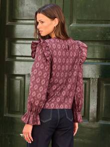 Nöista Red Retro-Print Top, Straight Cut Ruffled, Sweetness. Soft Delicate,Fall/Winter,Elegant,Going Out,Commuting, Versatile Stylish Piece, Top Choice.. - Red - View 5