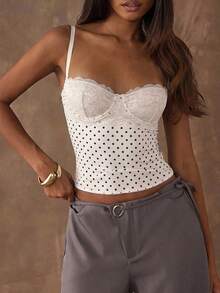 SHEIN BAE Women's Polka Dot Print Lace Patchwork Camisole Top,Summer Top - White - View 4