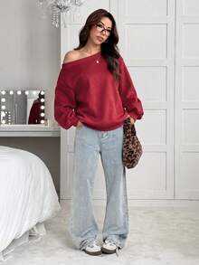 SHEIN EZwear 女款寬鬆不對稱肩領衛衣，內層保暖內裡，酒紅色，秋冬款 - 酒紅色 - 查看 4