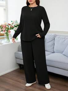 Easowa Curve Plus Size Casual Versatile Solid Color Top And Pants 2 Pieces Set - Black - View 3