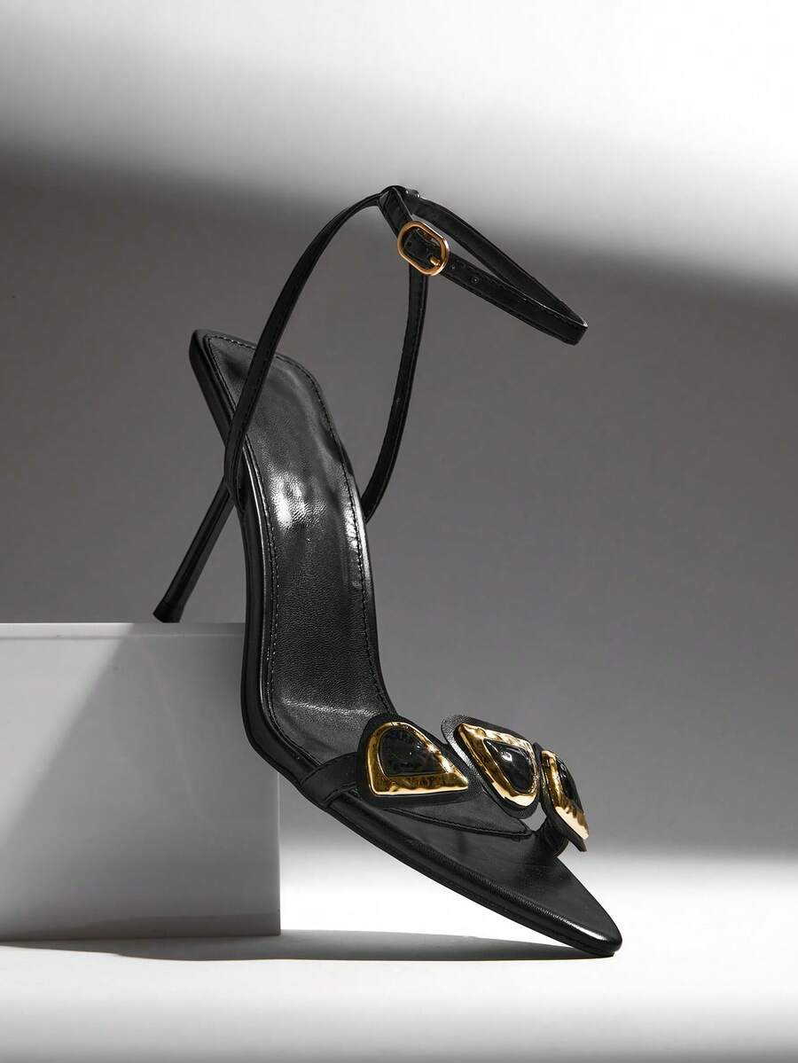 SHUZIA Women's Elegant Ribbon Decor Ankle Strap Stiletto Heeled Sandals - Black - View 1