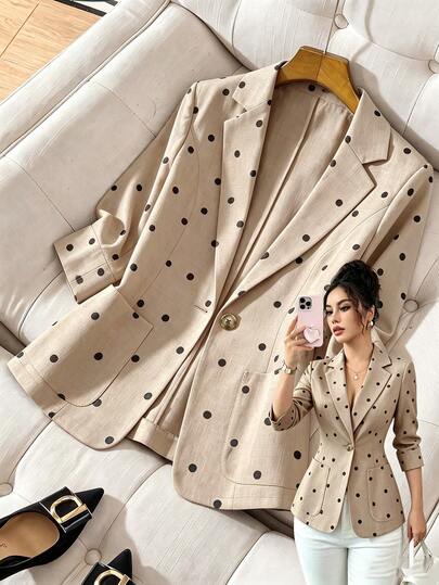 SHEIN Franclia Elegant Women's Casual Blazer With Lapel Collar Three-Quarter Sleeves Patch Pockets Beige With Polka Dots Suitable For Fall/Winter Business Chic