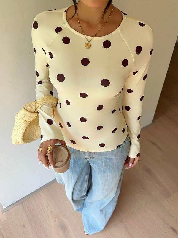 Siren Gaze Women's Polka Dot Print Raglan Long Sleeve Casual T-Shirt